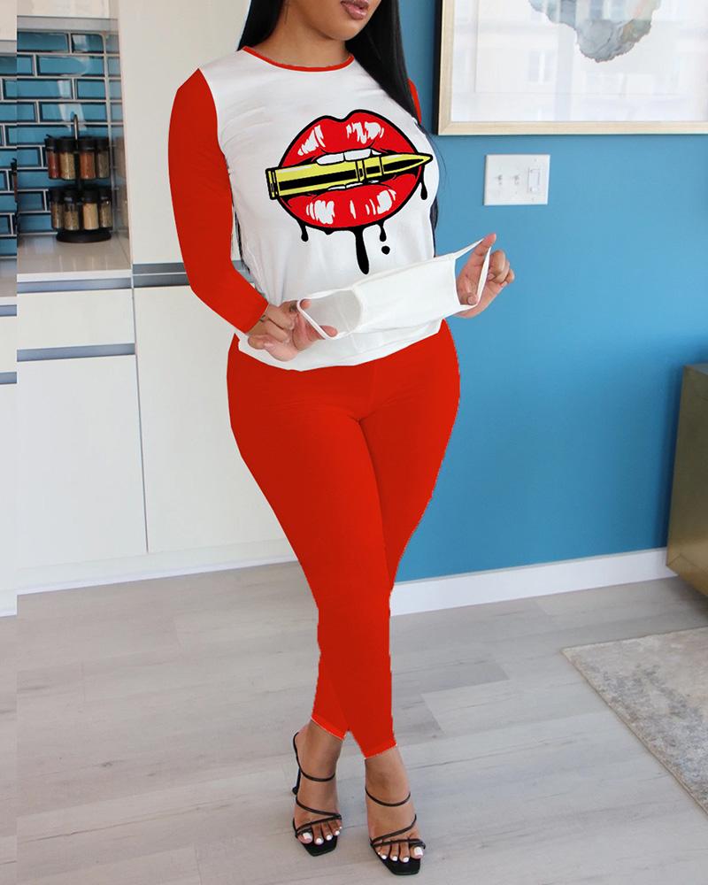 

Letter Print Colorblock Top & Pants Set, Red