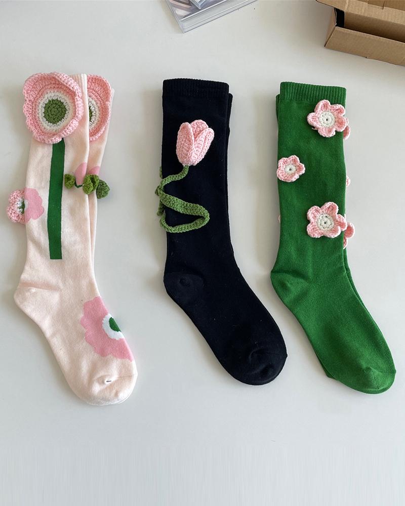 

1Pair Floral Pattern Socks, Black