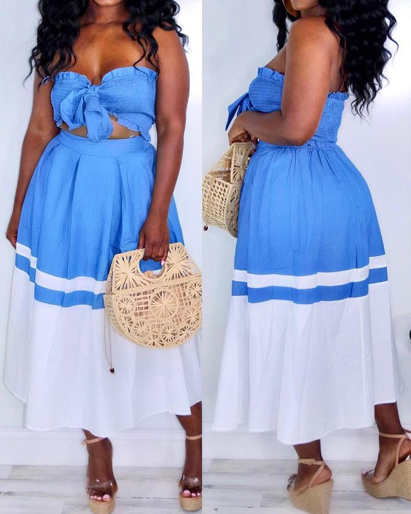 

Frill Hem Tube Top & Colorblock Ruched Skirt Set, Blue