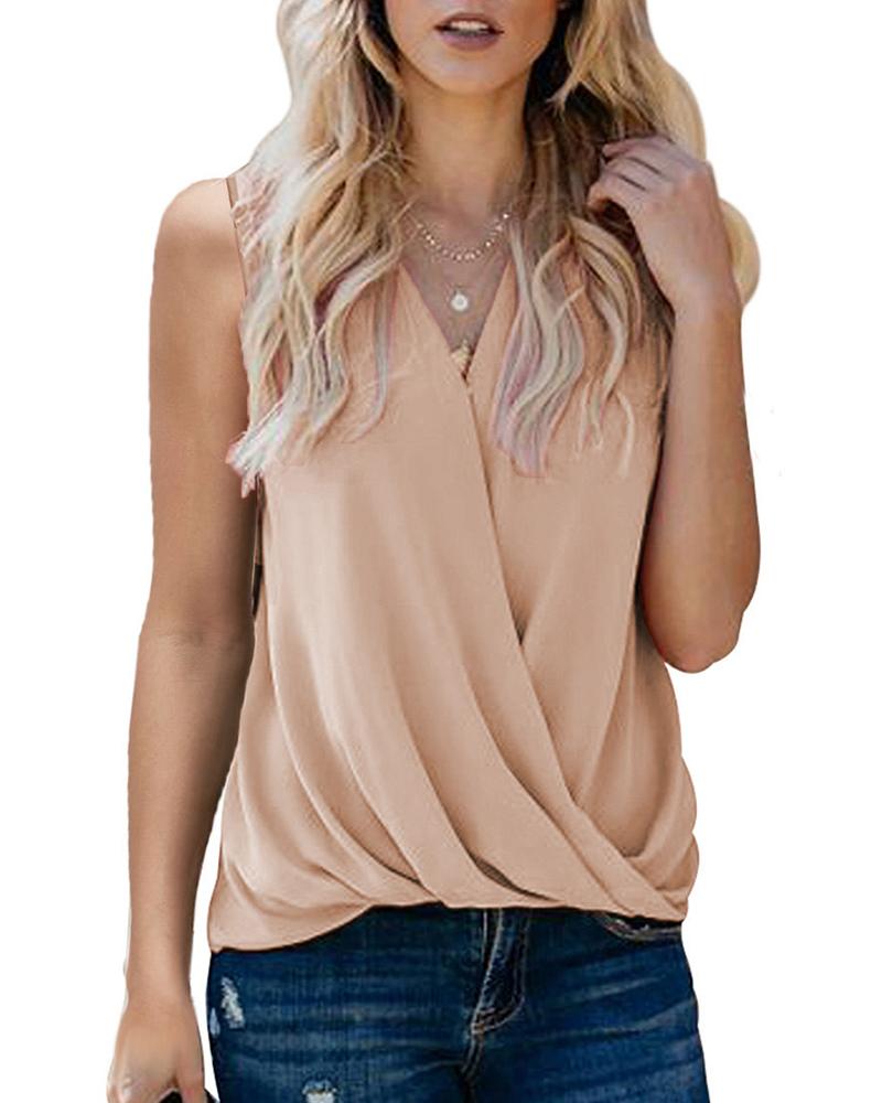 

Plain Ruched V-Neck Tank Top, Khaki