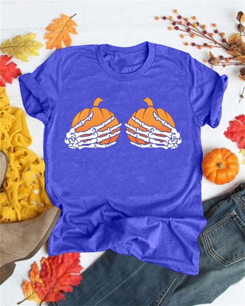 

Halloween Pumpkin Graphic Print Casual T-shirt, Dark blue