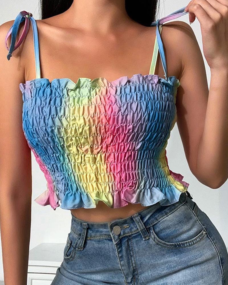 

Tie Dye Print Sling Ruched Cropped Tank, Multicolor
