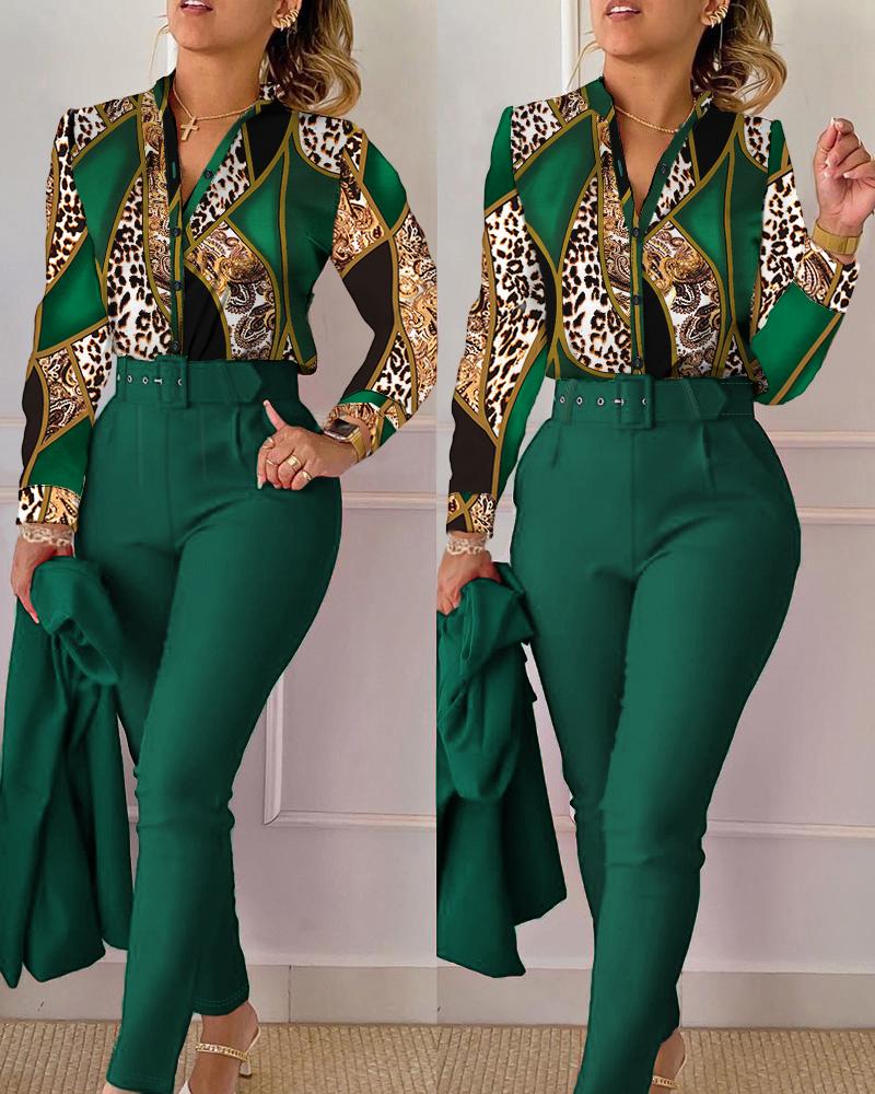 Baroque Leopard Print Shirt & Belted Pants Set