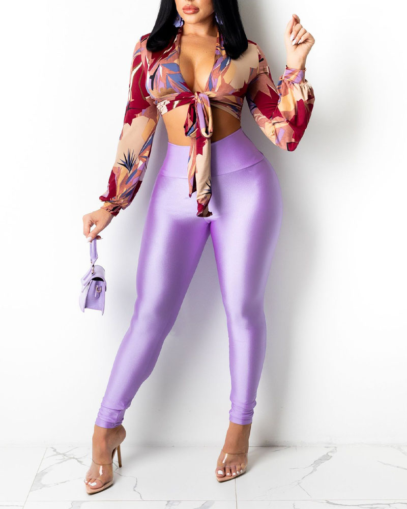 

Allover Print Tie Front Crop Top & Pants Set, Purple