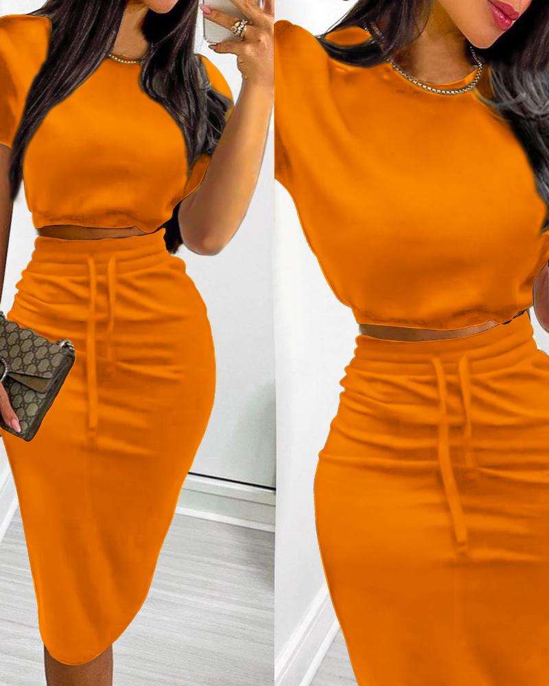 

Short Sleeve Crop Top & Split Back Drawstring Skirt Set, Orange