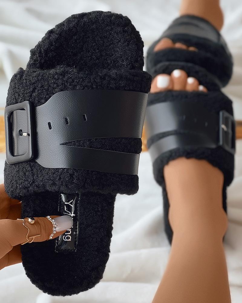 

Fluffy Buckled One Strap Slippers, Black