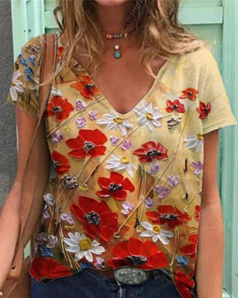 

Floral Print Short Sleeve V Neck Casual T-Shirt, Style5