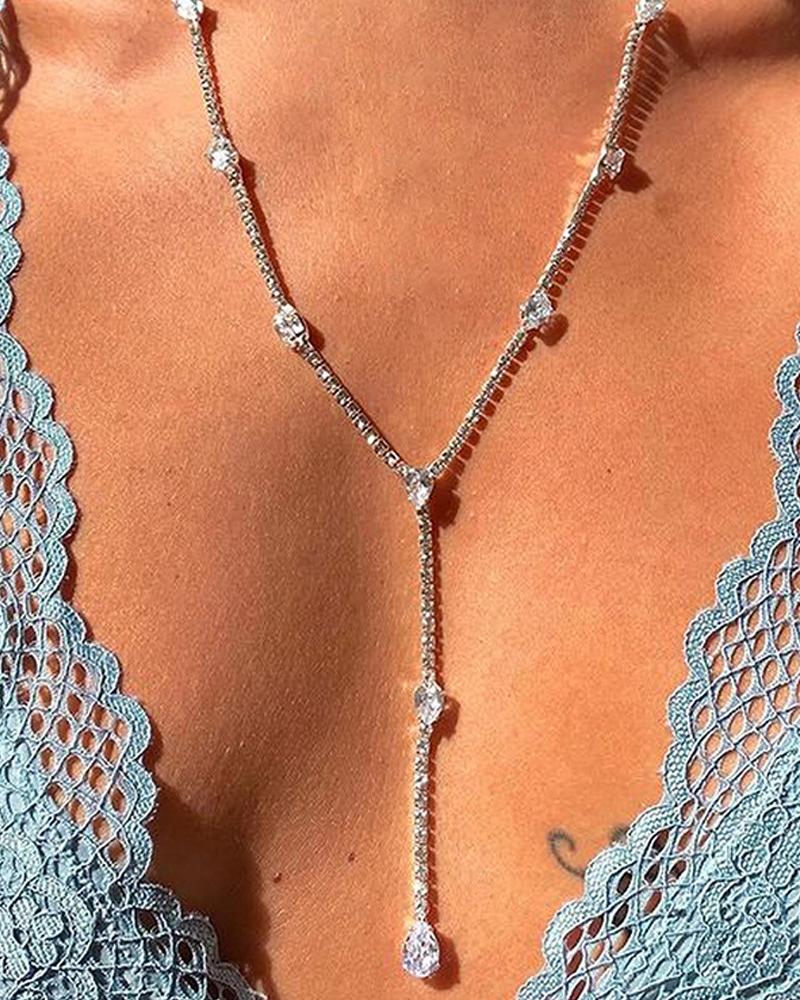 

1pc Geometric Rhinestone Zircon Tassel Necklace, Silver