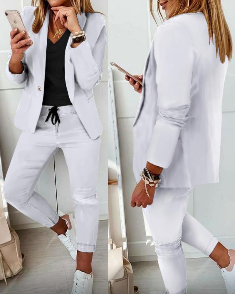 

Lapel Neck Blazer Coat & Drawstring Pants Set, White