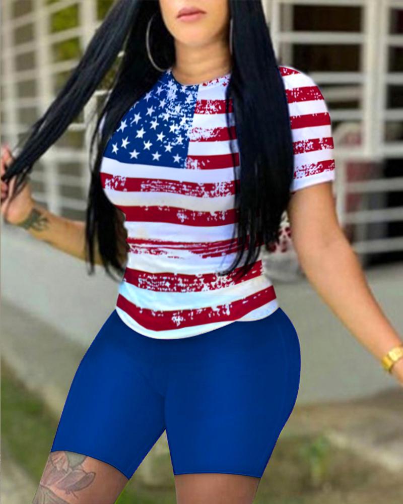 

Flag Pattern Print Short Sleeve Top & Plain Shorts Set, Blue
