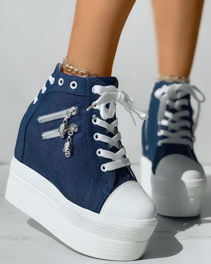 

Eyelet Lace-up Zipper Design Platform Sneakers, Blue