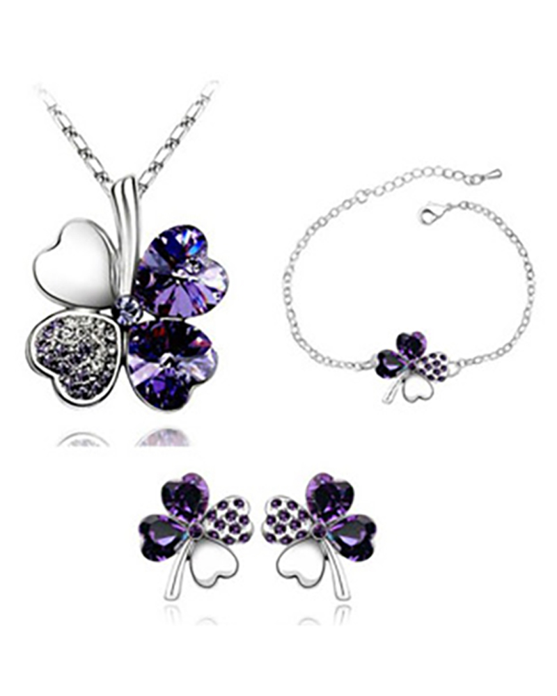 

4PCS Clover Pattern Colorblock Pendant Necklace & Earrings & Bracelet Set, Purple
