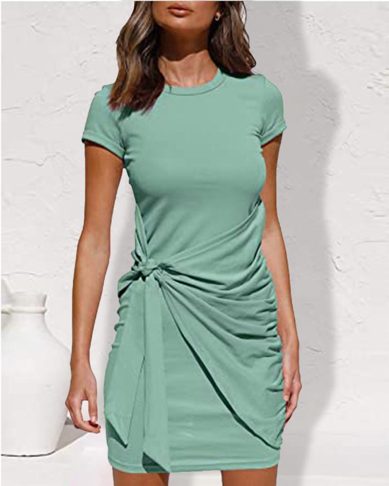 

Short Sleeve Tied Detail Casual Dress, Green