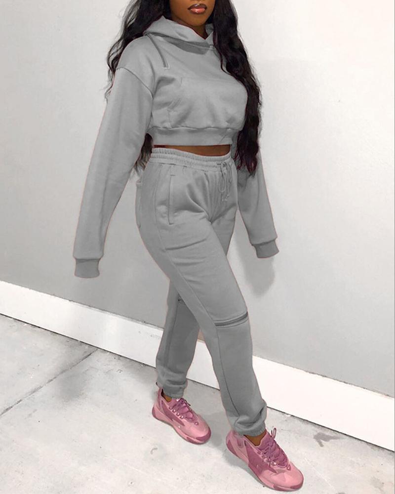 

Long Sleeve Hooded Sweatshirt & Drawstring Pants Set, Gray