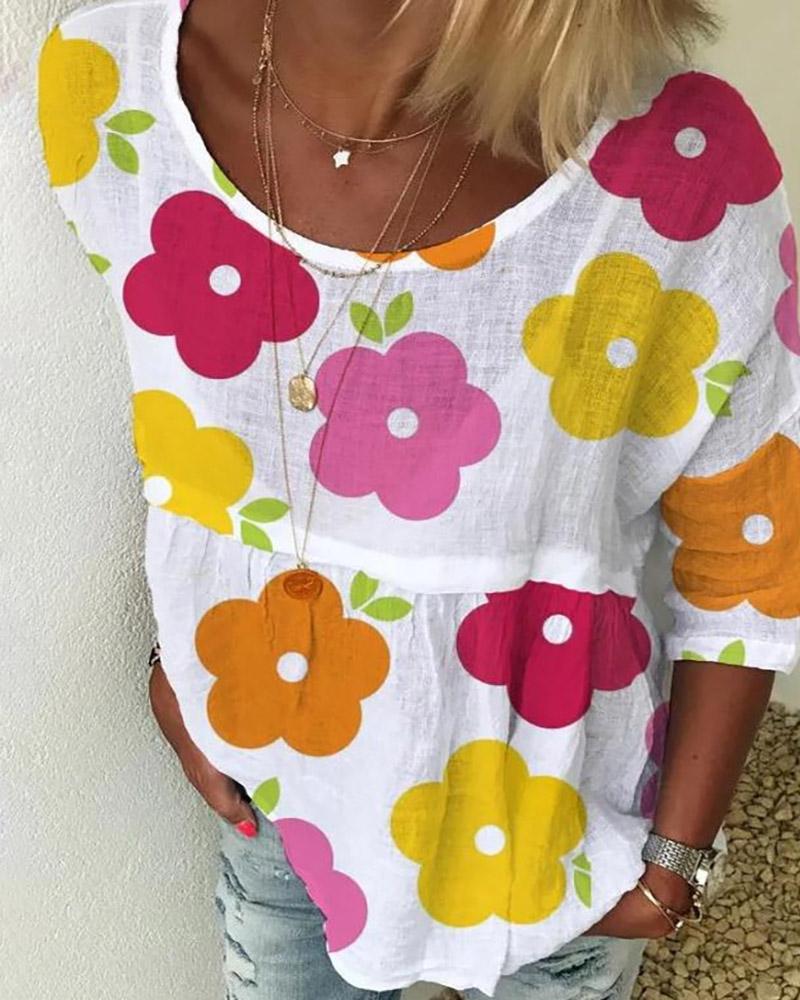 

Sunflower / Floral Print Round Neck Casual T-shirt, Style2