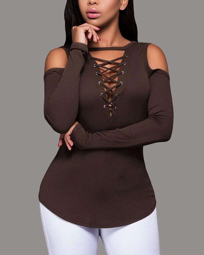

Cold Shoulder Grommet Eyelet Lace-Up Skinny Top, Coffee