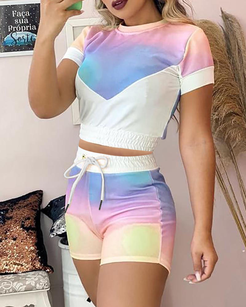 

Tie Dye Print Colorblock Top & Drawstring Shorts Set, Multicolor