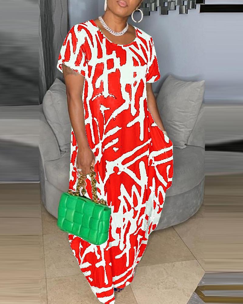 

Allover Print Pocket Design Casual Dress, Red