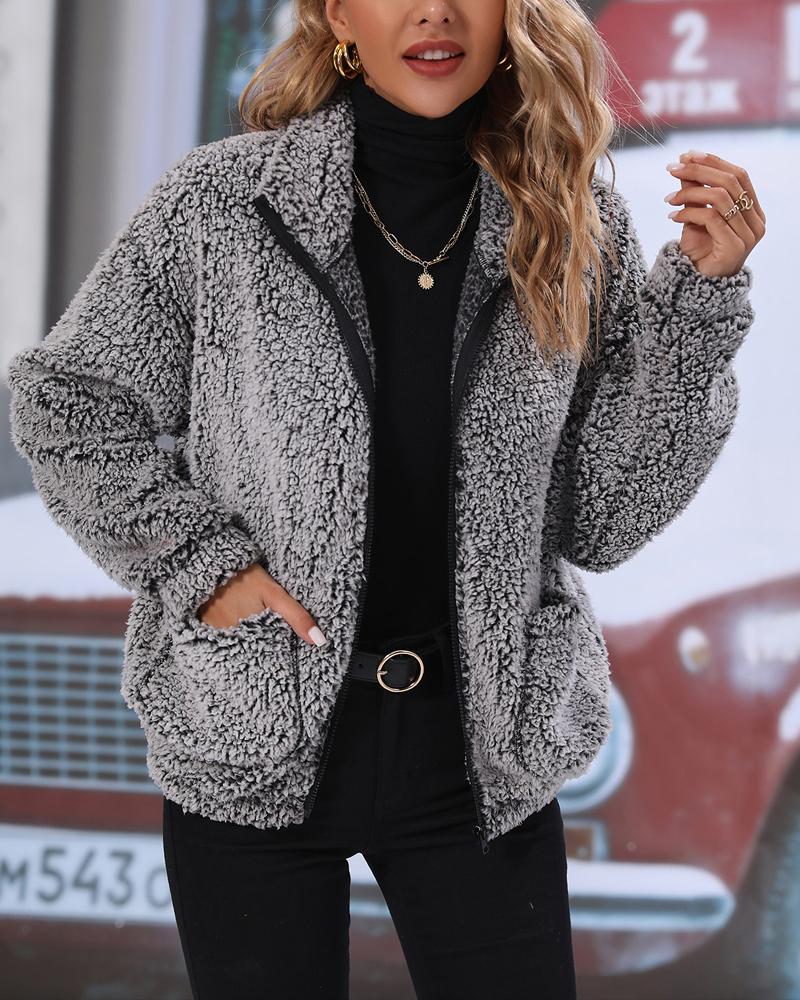 

Long Sleeve Pocket Design Zip Up Teddy Coat, Gray