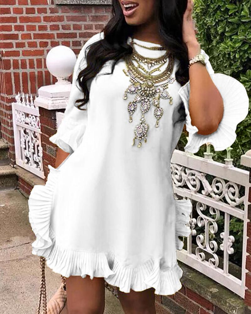 

Ruffled Hem Bell Sleeve Dress, White