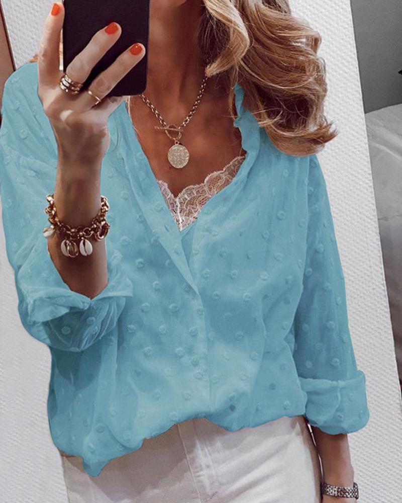 

Solid Color Polka Dot Long Sleeve Shirt, Blue