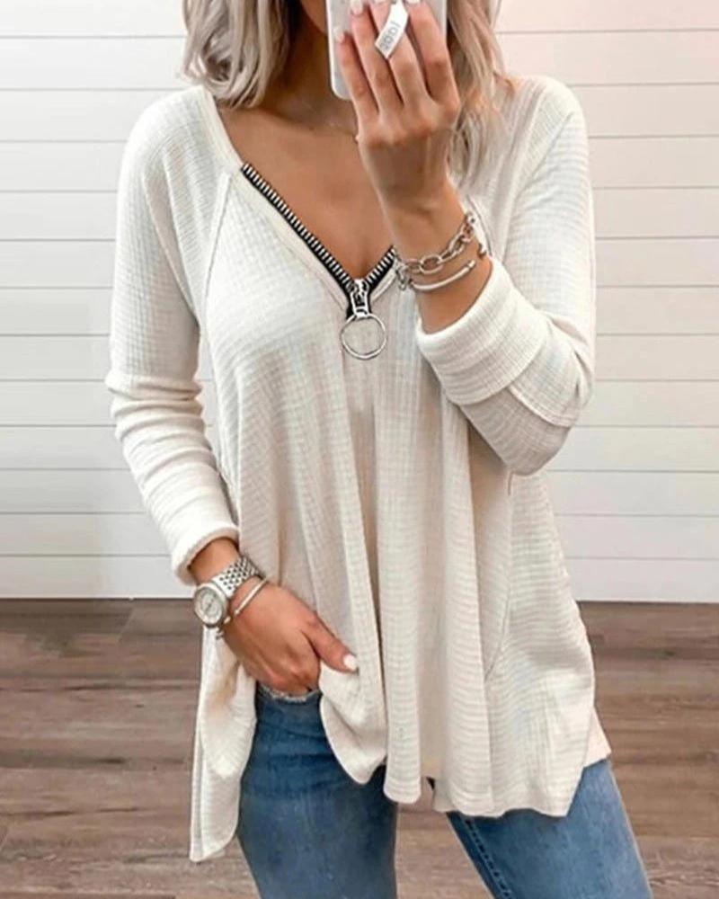 

Zip Front Long Sleeve Casual Top, White