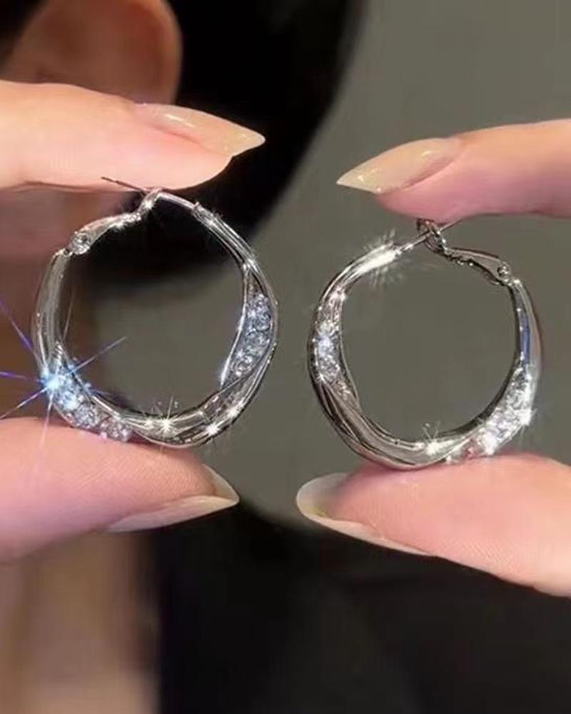 

1Pair Rhinestone Decor Hoop Earrings, Silver