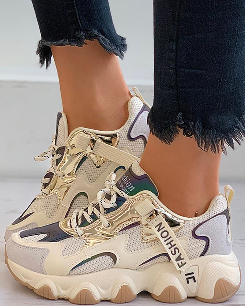 

Letter Pattern Colorblock Lace-up Sneaker, Beige