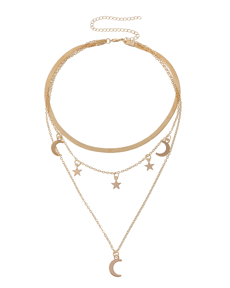 

Multi Layered Moon Star Pendant Chain Necklace, Gold