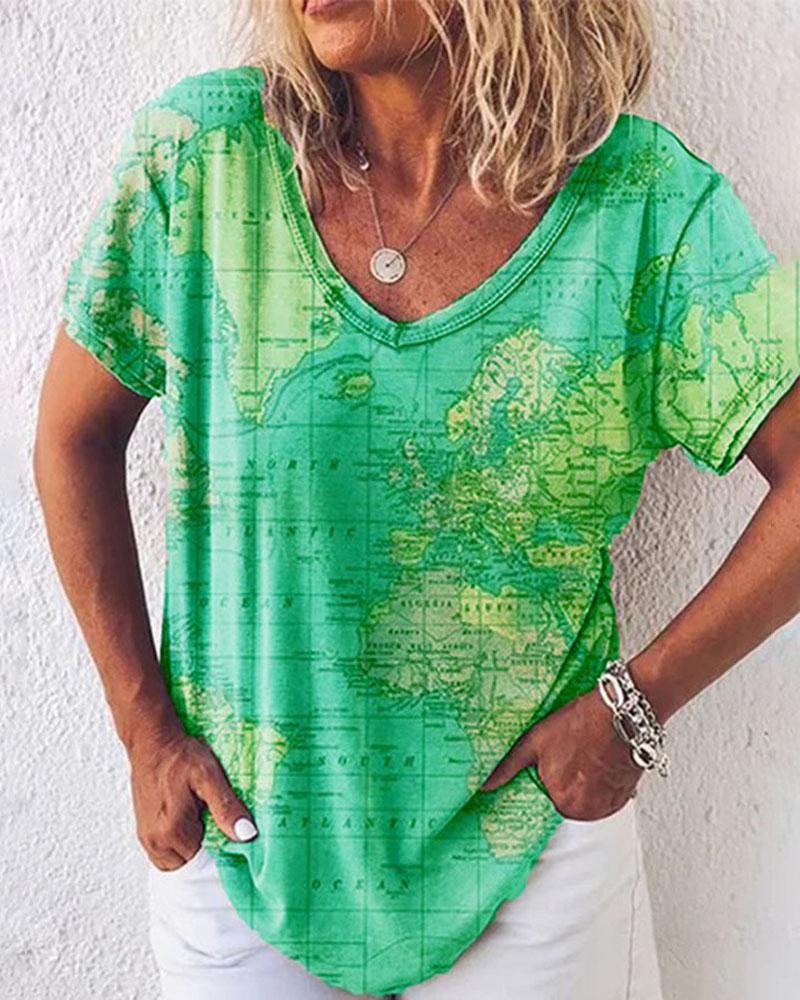 

Plus Size Map Print V-Neck Casual T-shirt, Green