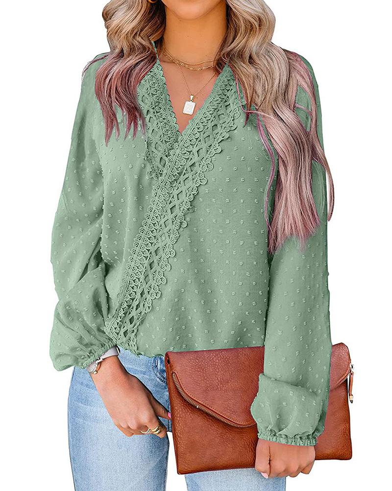 

Swiss Dot Lantern Sleeve Guipure Lace Patch Top, Green