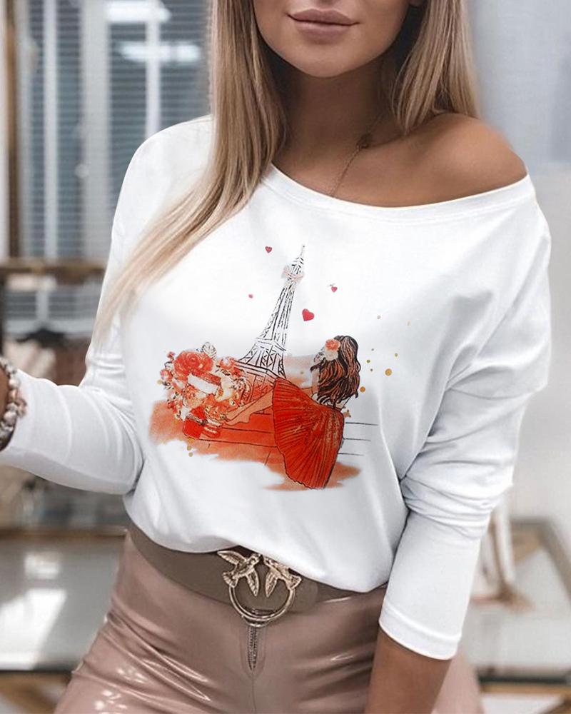 

Cartoon Print O-neck Top, White