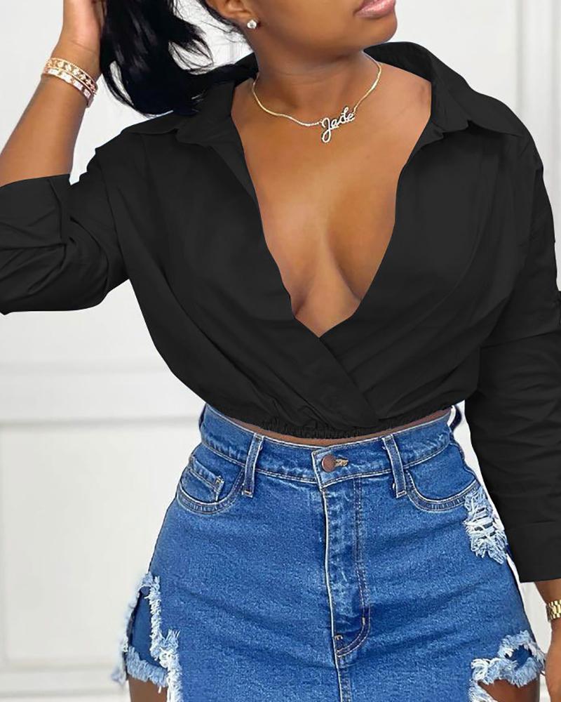 

Ruched Long Sleeve Crop Shirt, Black