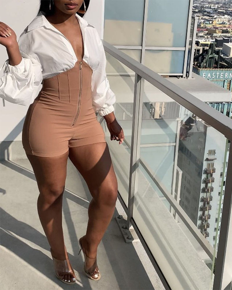 

Plus Size Color Block Zipper Front Lantern Sleeve Skinny Romper, Khaki