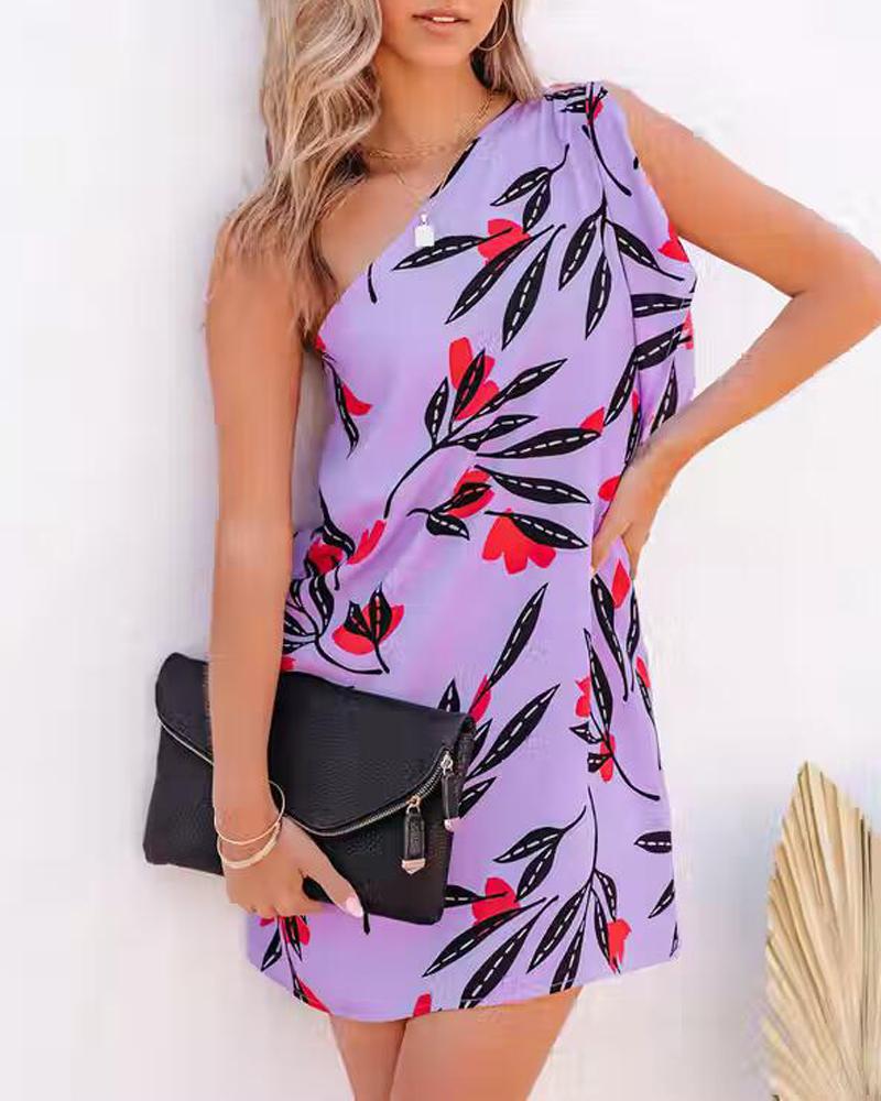 

Plants Print One Shoulder Casual Dress, Purple