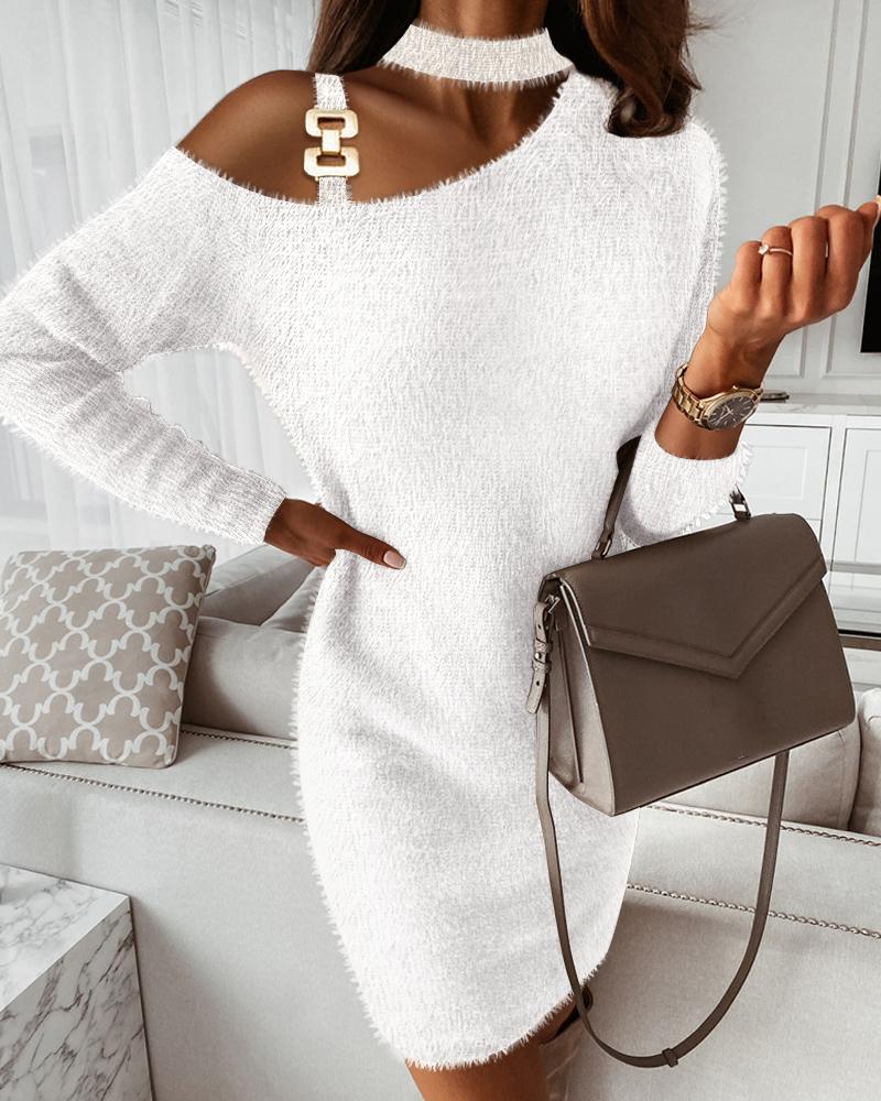 

Cold Shoulder Fluffy Long Sleeve Dress, White