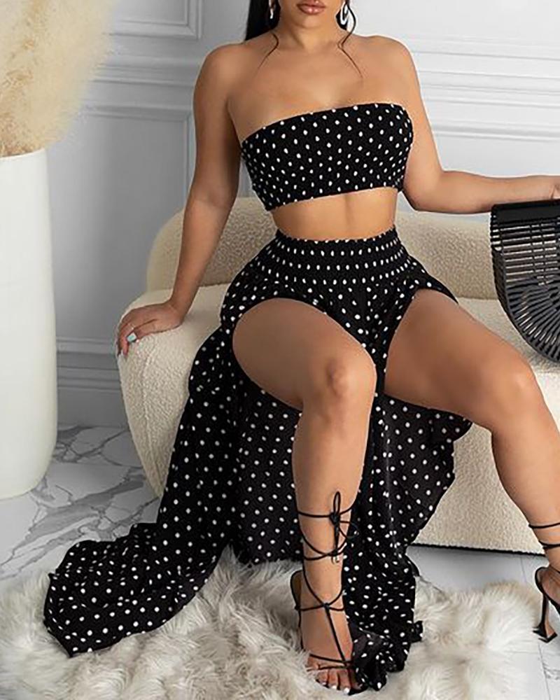 

Polka Dot Print Bandeau Crop Top & Slit Maxi Skirt Sets, Black