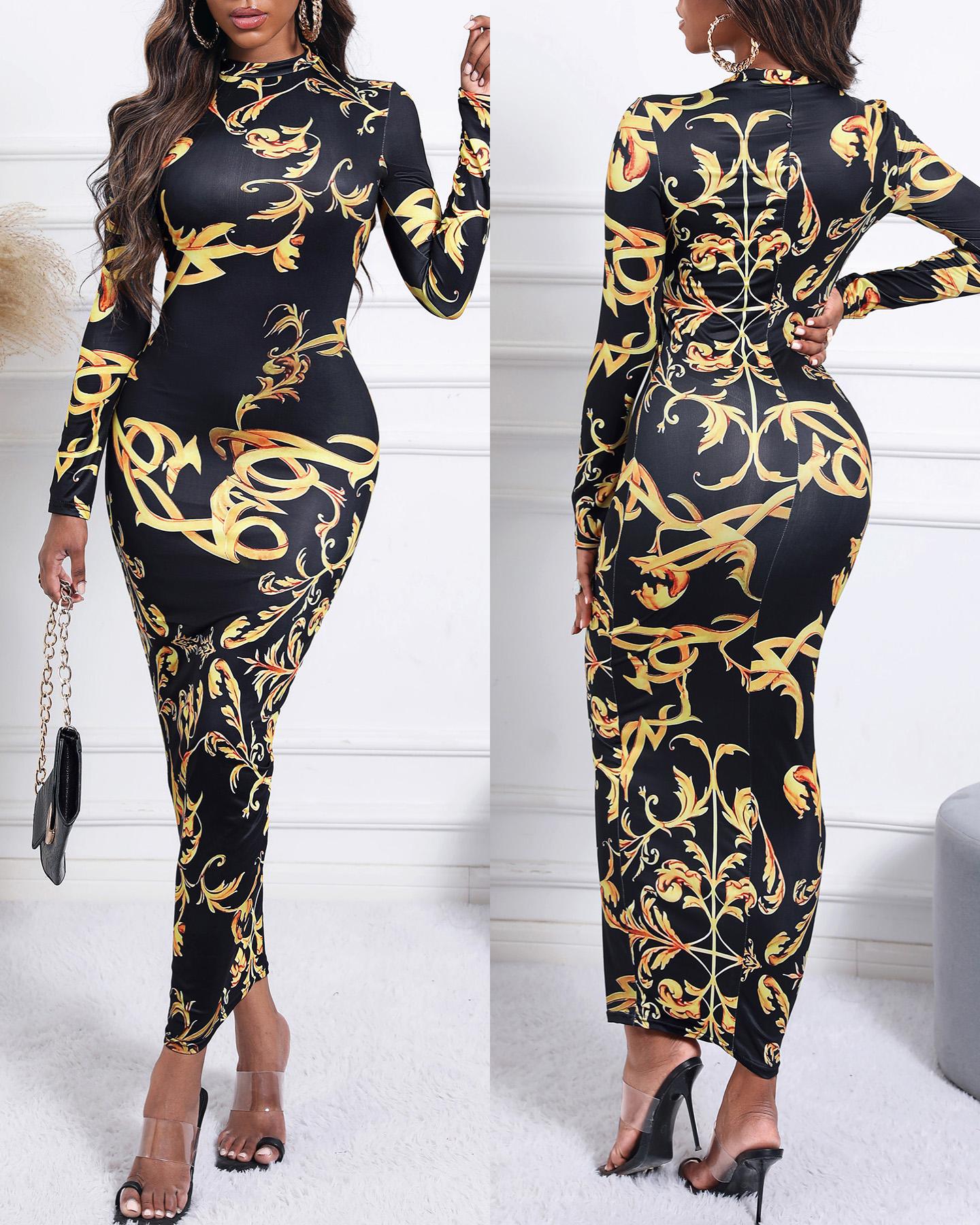 

Scarf Print Long Sleeve Maxi Dress, Black