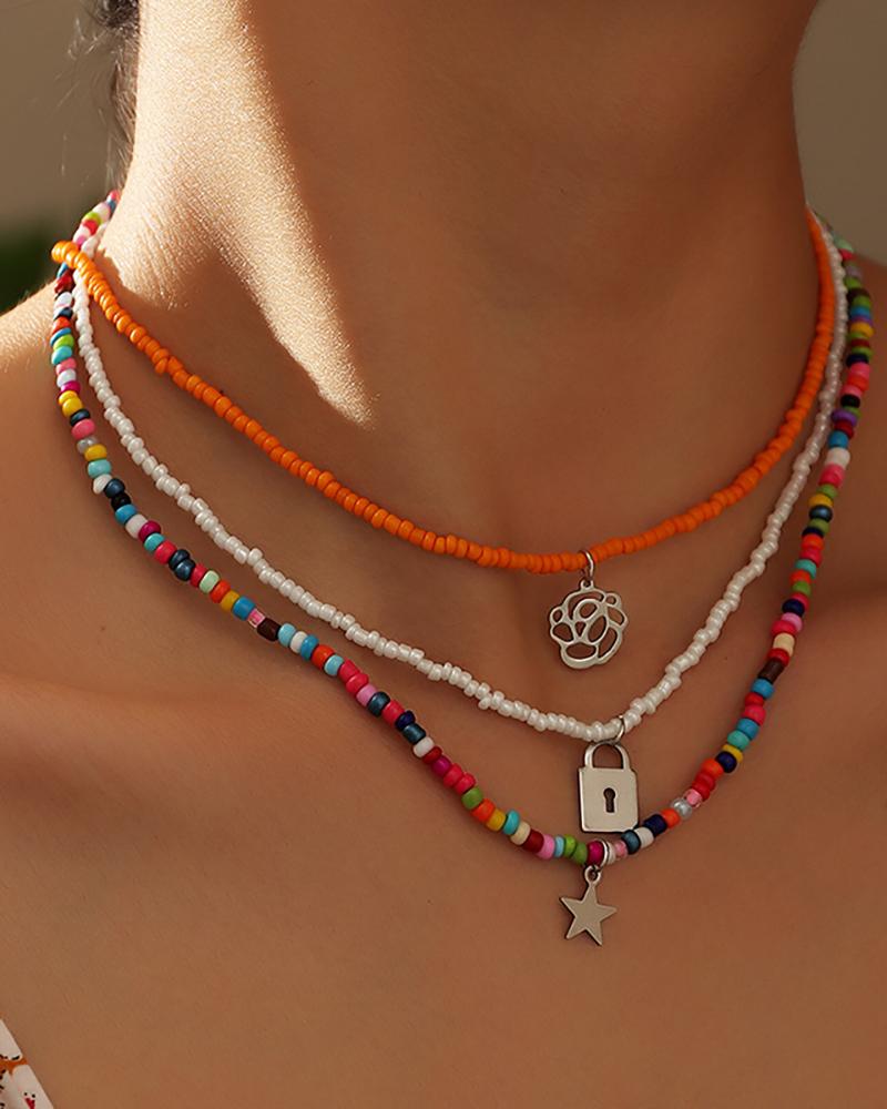 

3PCS Floral Star Shaped Clan Colorful Beaded Necklace, White