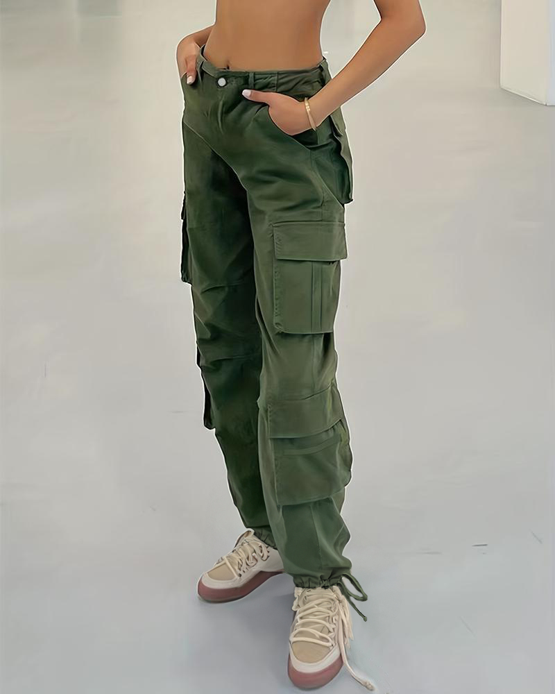 

Pocket Design Low Waist Cuffed Cargo Pants, Green