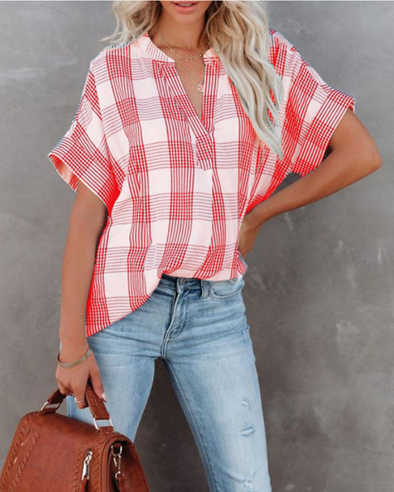

Plaid Print V-Cut Short Sleeve Chiffon Top, Red