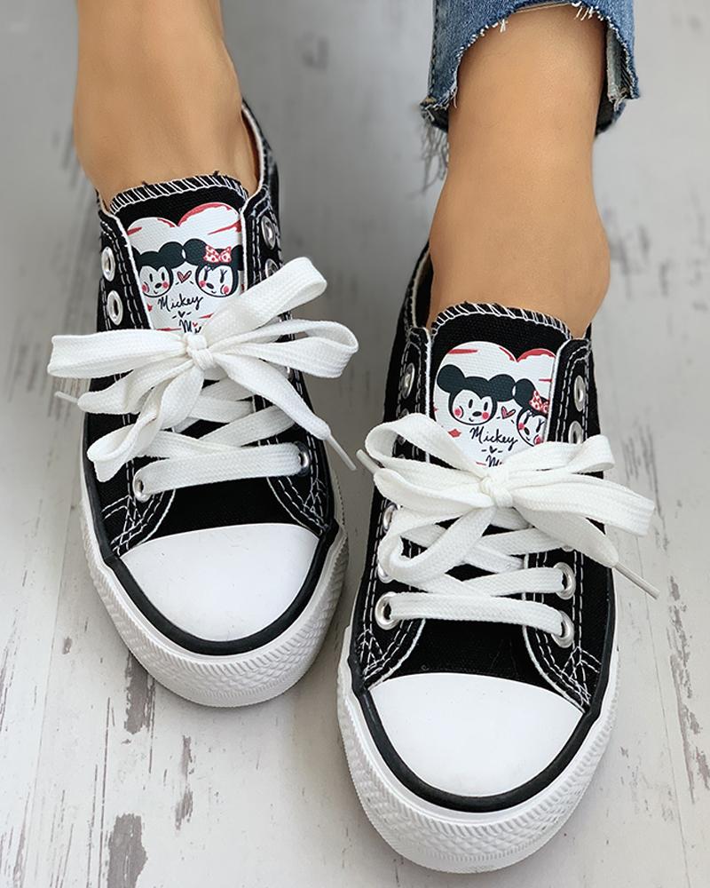 

Cartoon Print Lace-Up Casual Sneakers, Black