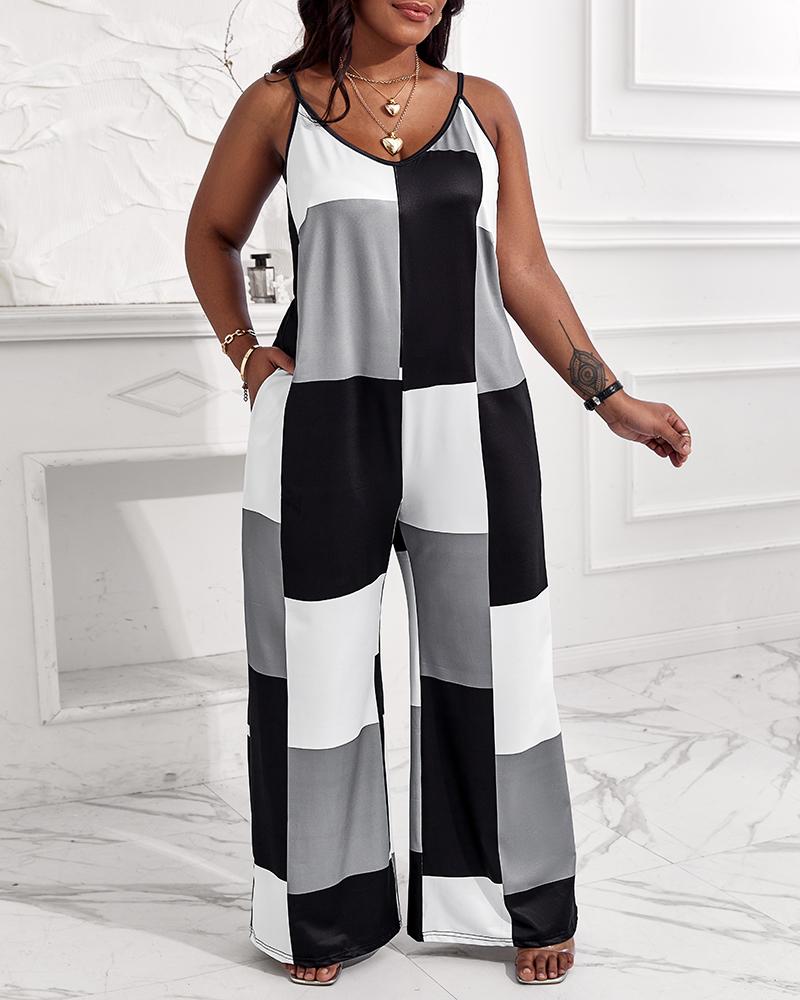 

Plus Size Geometric Print Spaghetti Strap Jumpsuit, Blackwhite