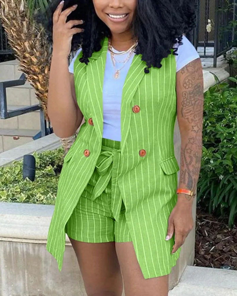 

Plus Size Striped Print Double Breasted Vest Blazer & Shorts Set, Green