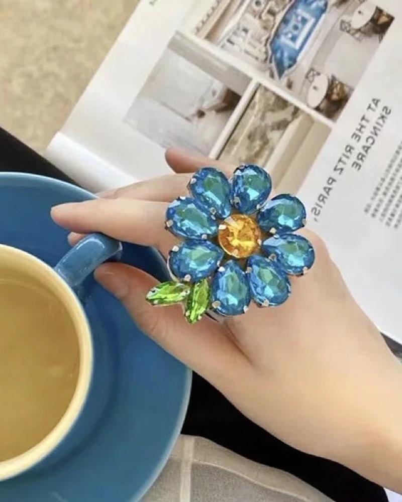 

1pcs Floral Shaped Colorful Rhinestone Ring, Blue