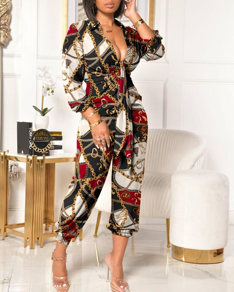 

Chain Print Colorblock Tie Front Jumpsuit, Multicolor