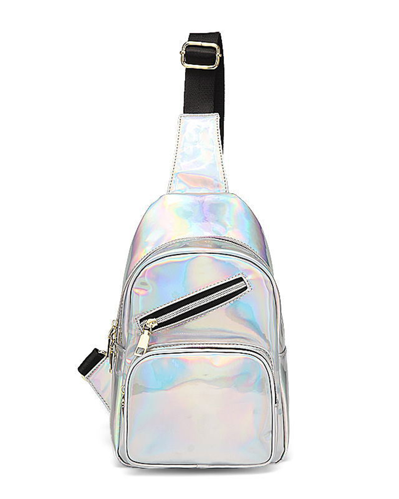 

Shiny Holographic Waterproof Zipper Crossbody Shoulder Fanny Pack Belt Bag, White