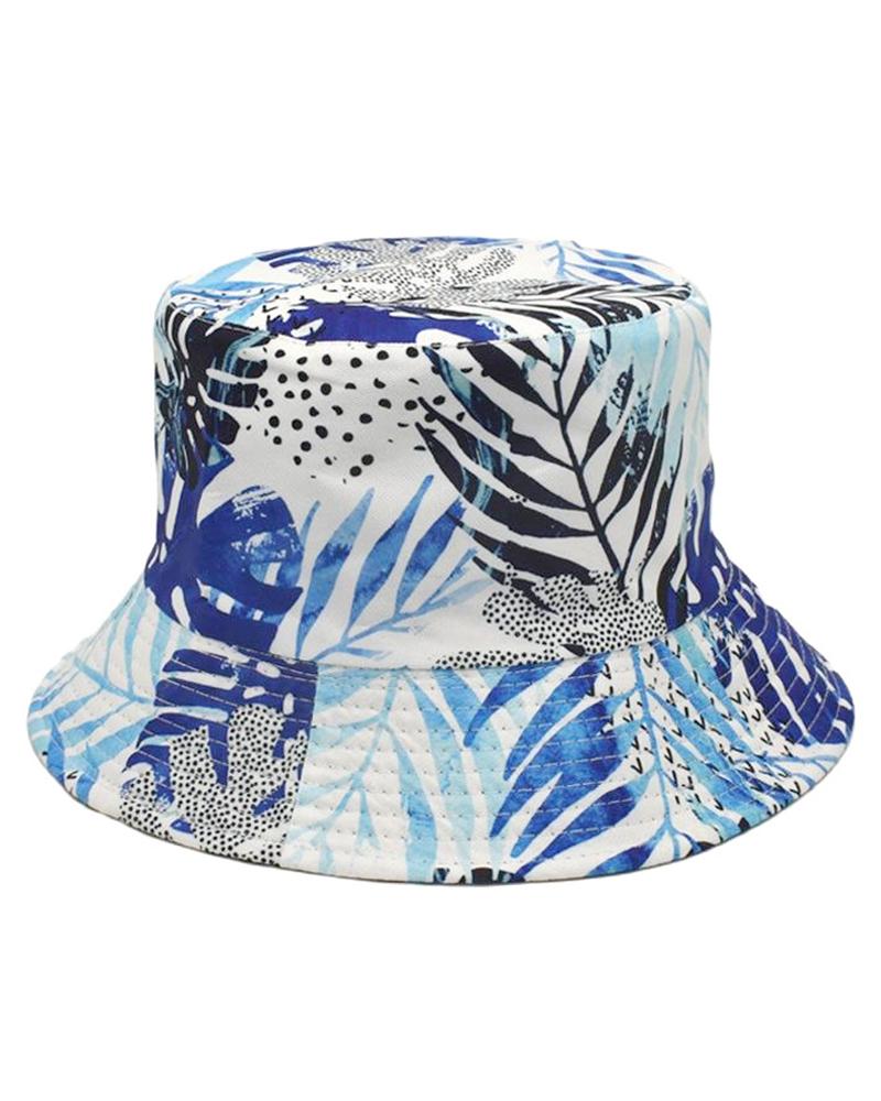 

Palm Leaf Print Reversible Bucket Hat, Blue