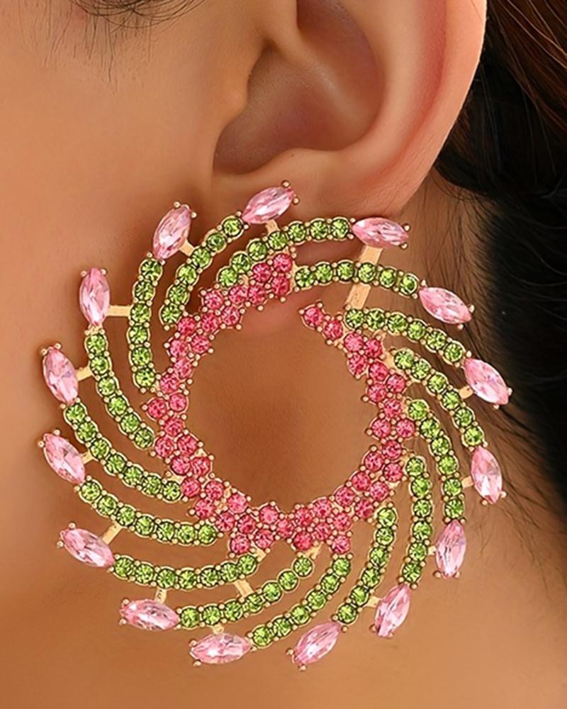 

1Pair Rhinestone Floral-Shape Personality Hoop Earrings Fashion Evening Jewelry, Pink