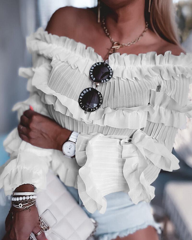 

Frill Hem Ruched Bell Sleeve Off Shoulder Top, White